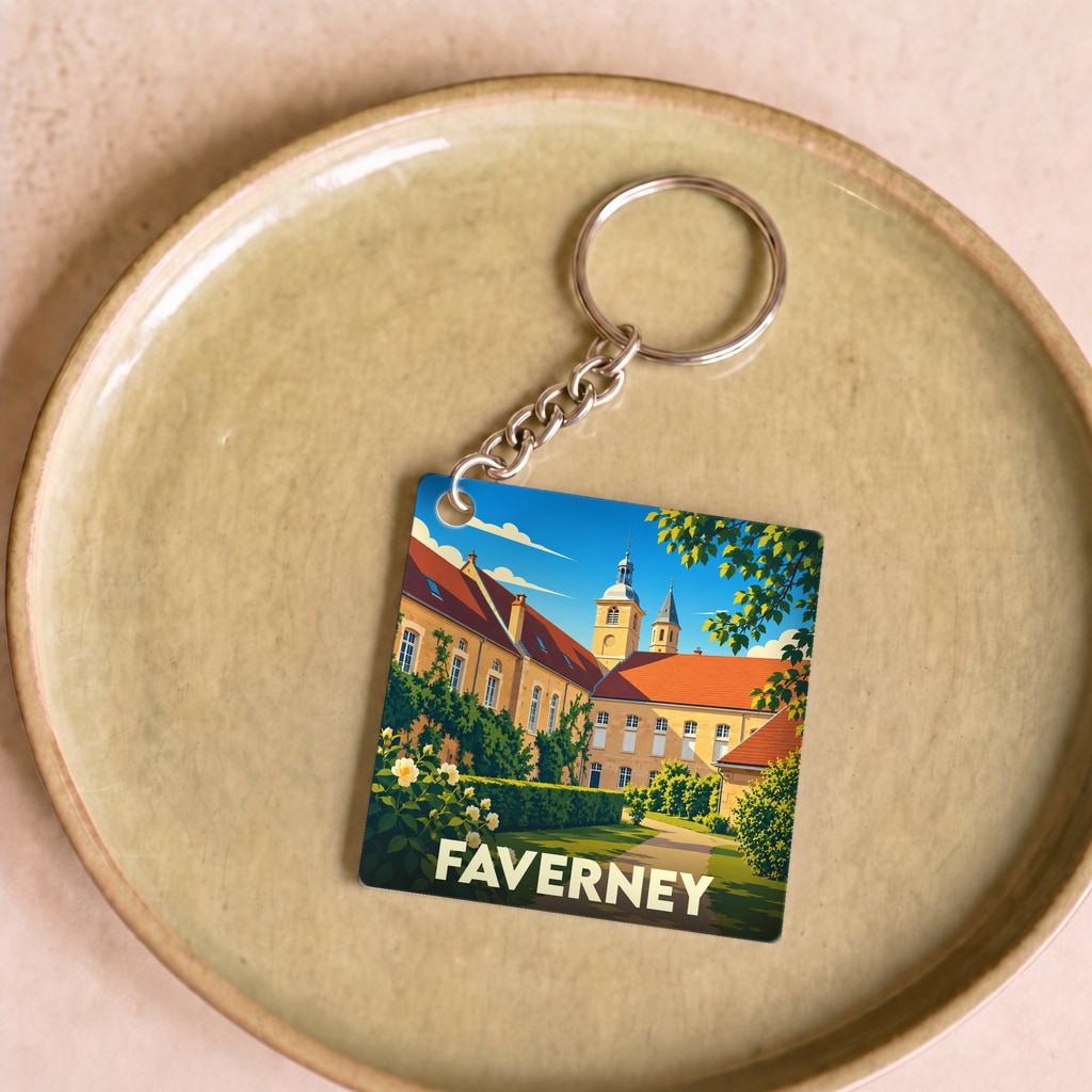 Porte-clés souvenir de la ville de Faverney avec une illustration stylisée de son patrimoine architectural.