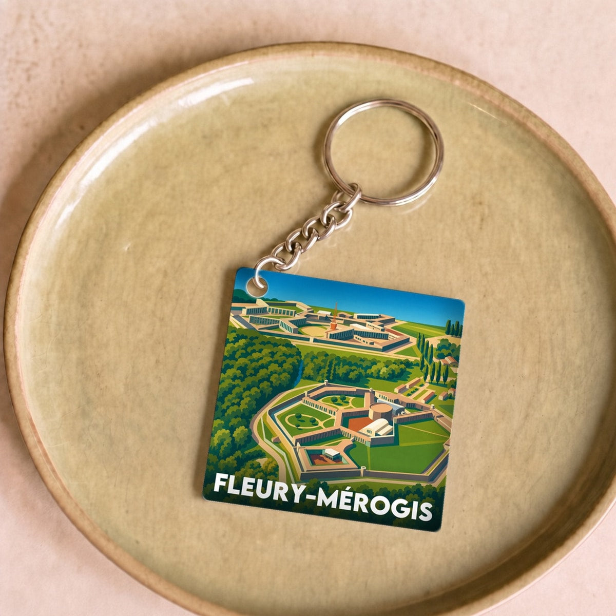 Porte-clés souvenir de la ville de Fleury-Mérogis avec une illustration graphique stylisée.