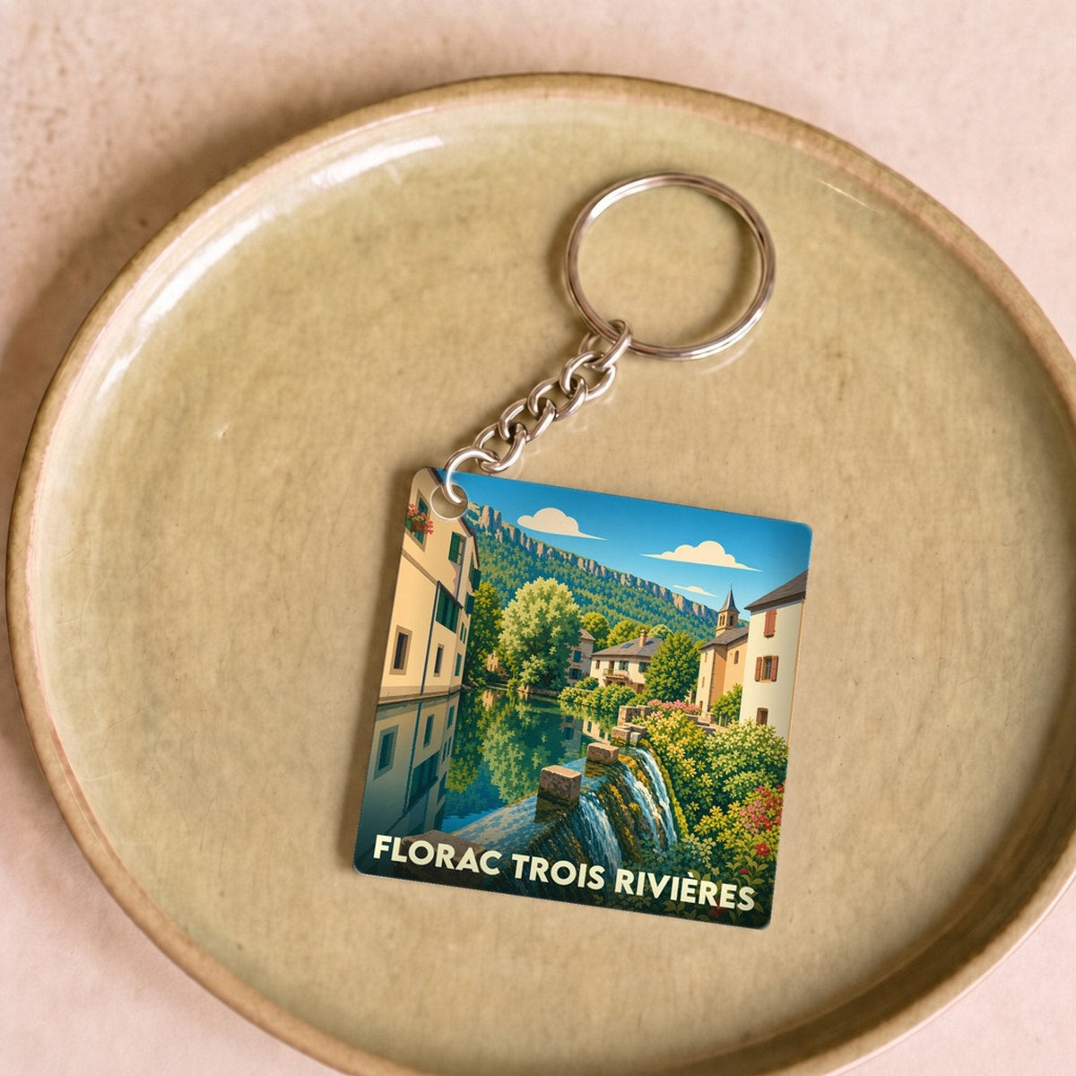 Porte-clés souvenir de Florac Trois Rivières avec une illustration stylisée d'un paysage urbain et de sa cascade.
