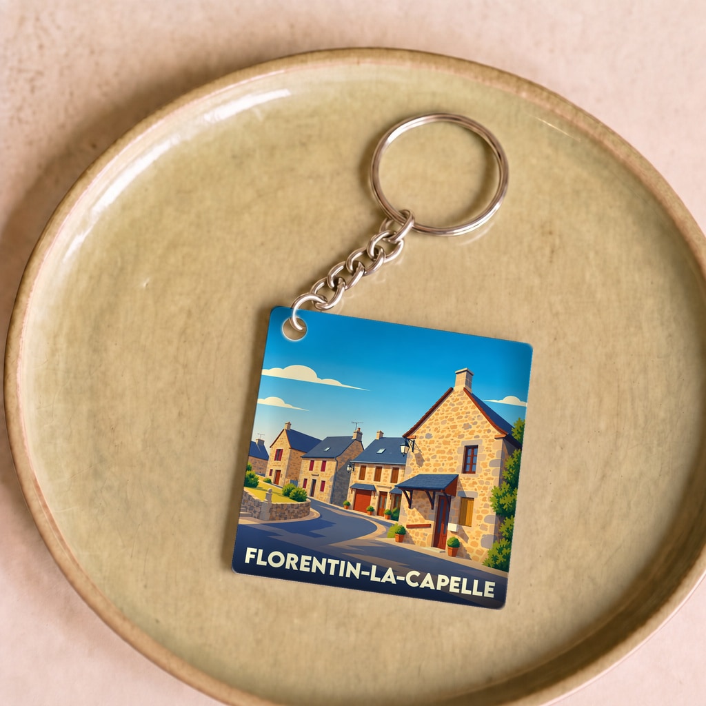 Porte-clés souvenir de la ville de Florentin-la-Capelle avec une illustration stylisée d'un village en pierre.