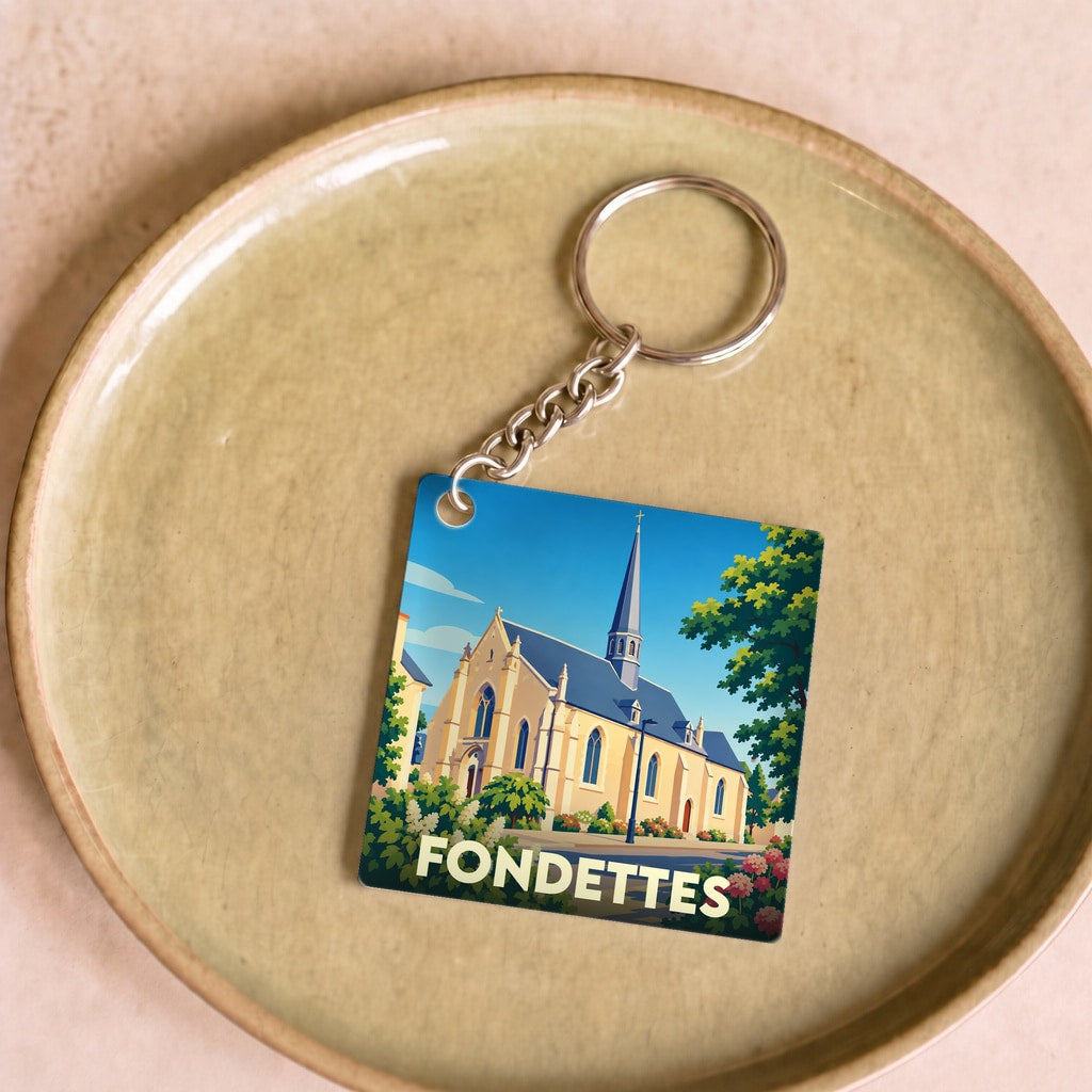 Porte-clés souvenir de la ville de Fondettes avec une illustration stylisée de son église.