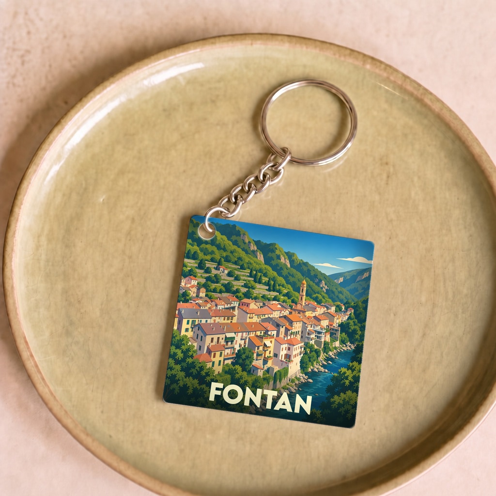 Porte-clés souvenir de la ville de Fontan avec une illustration stylisée.