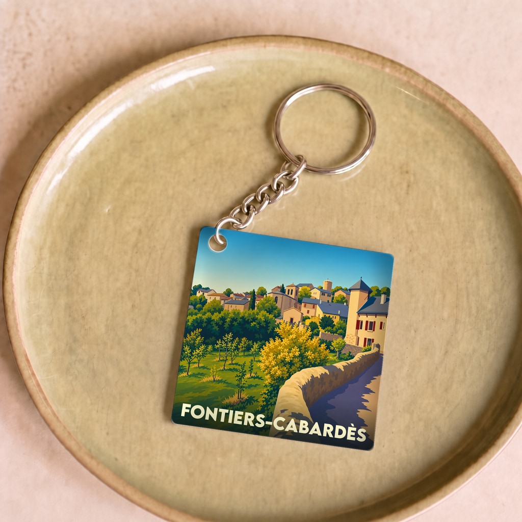 Porte-clés souvenir de la ville de Fontiers-Cabardès avec une illustration stylisée.