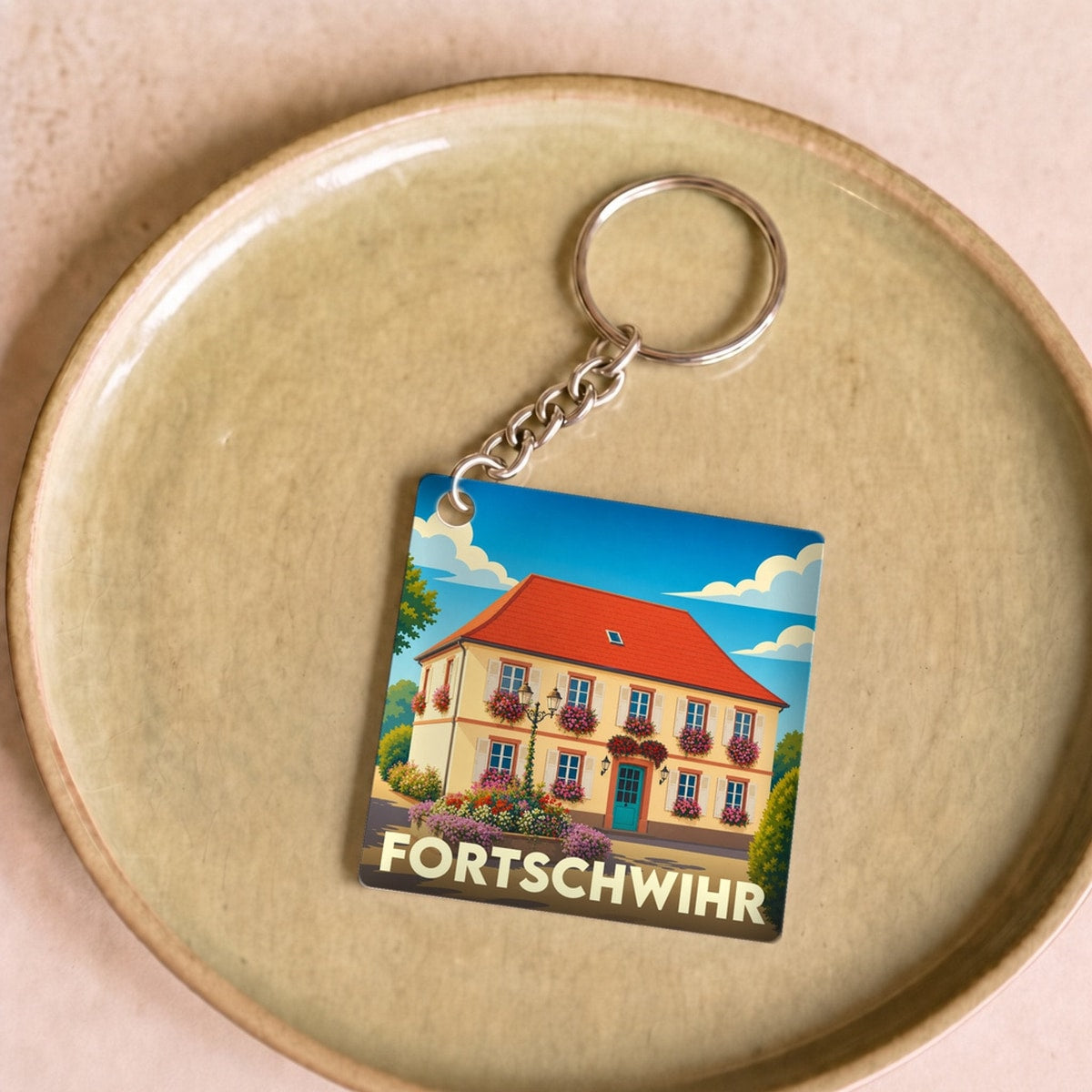 Porte-clés souvenir de la ville de Fortschwihr avec une illustration stylisée d'une maison alsacienne fleurie.