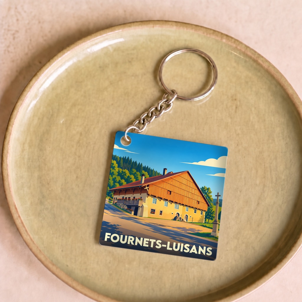 Porte-clés souvenir de la ville de Fournets-Luisans avec une illustration stylisée d'un chalet traditionnel.