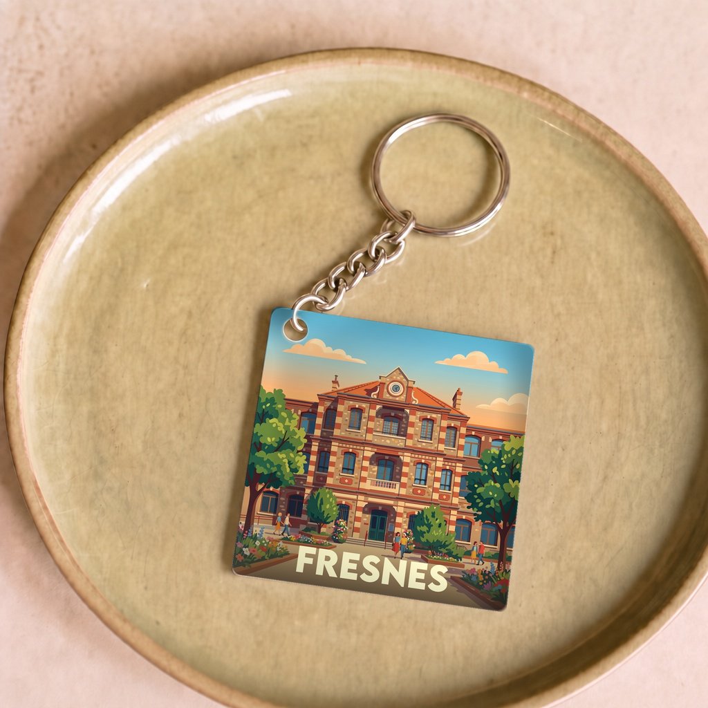 Porte-clés souvenir de la ville de Fresnes avec une illustration stylisée d'un bâtiment.