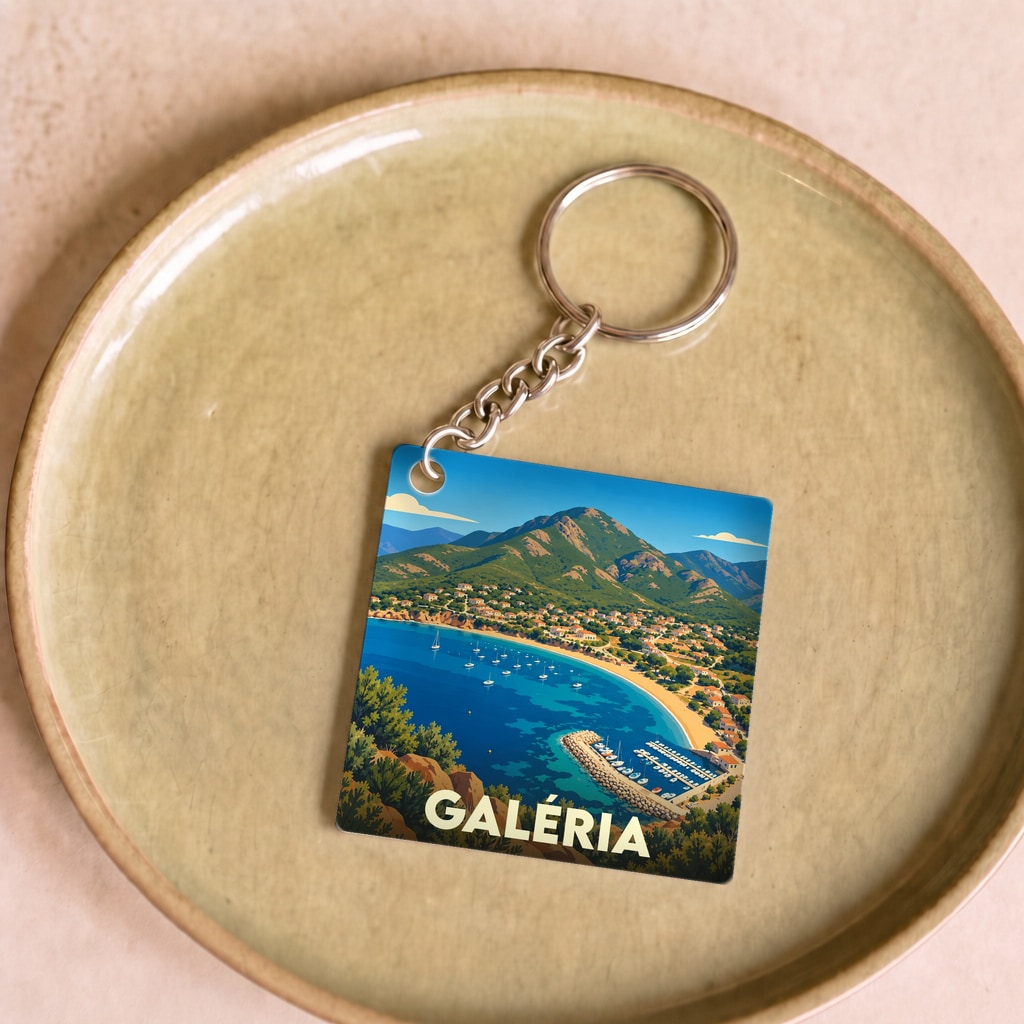 Porte-clés souvenir de la ville de Galéria avec une illustration stylisée de son golfe.