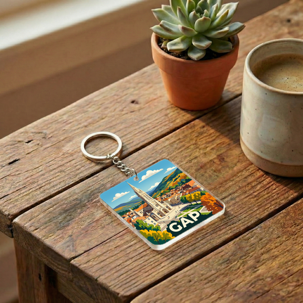Porte-clés souvenir de la ville de Gap avec une illustration stylisée.
