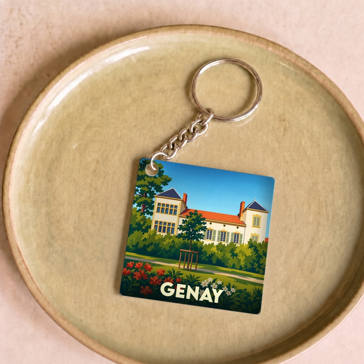Porte-clés souvenir de la ville de Genay avec une illustration stylisée.