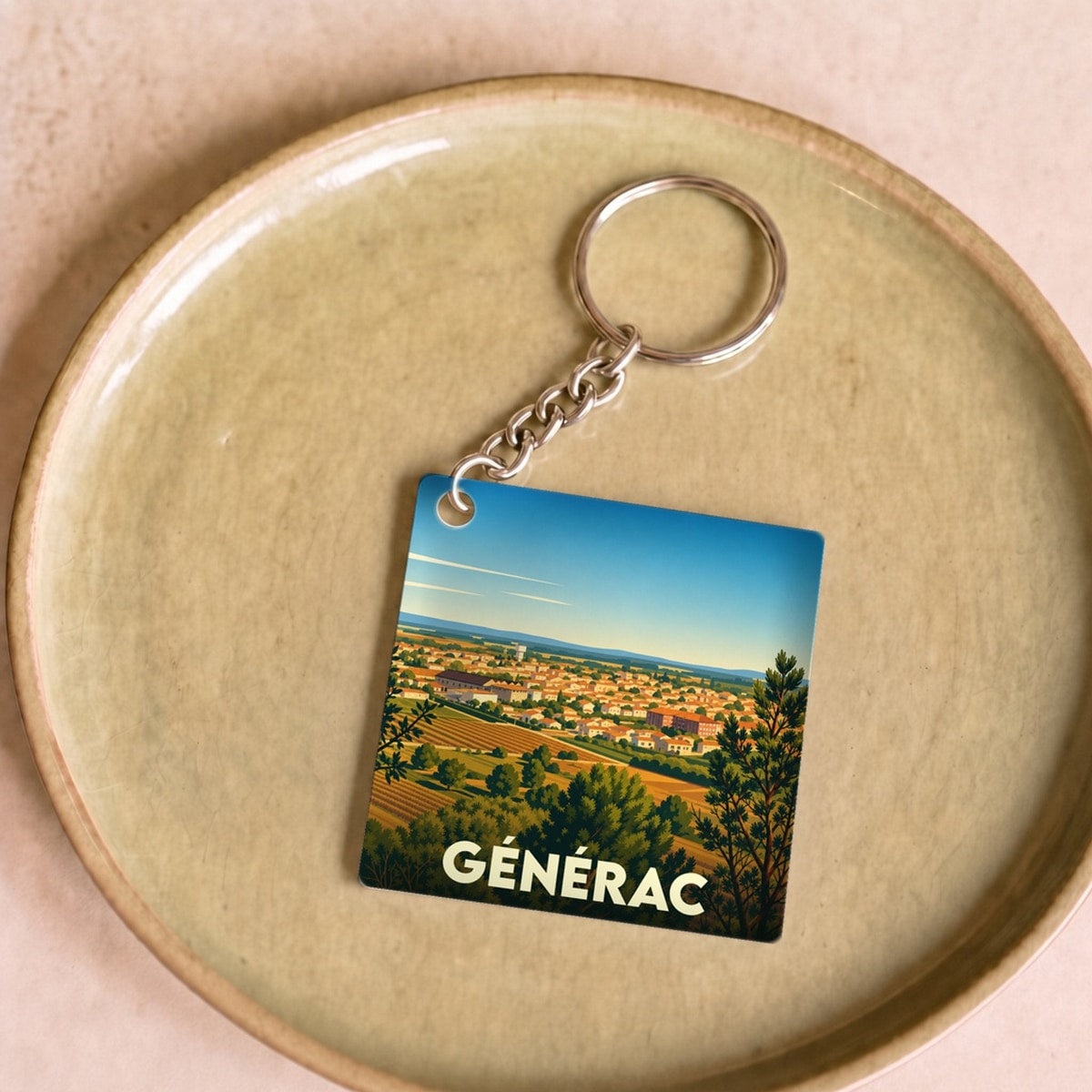 Porte-clés souvenir de la ville de Générac avec une illustration stylisée de son paysage.