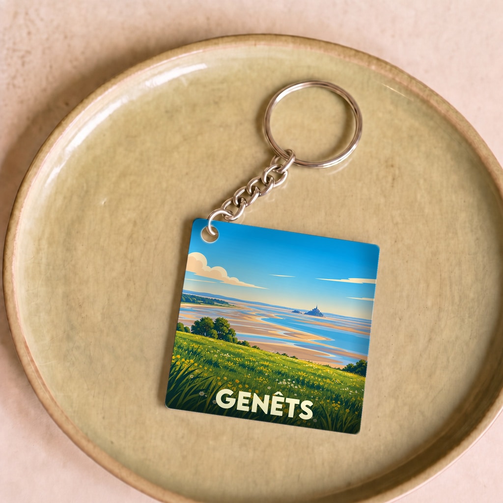 Porte-clés souvenir de la ville de Genêts avec une illustration stylisée de la baie du Mont Saint-Michel.