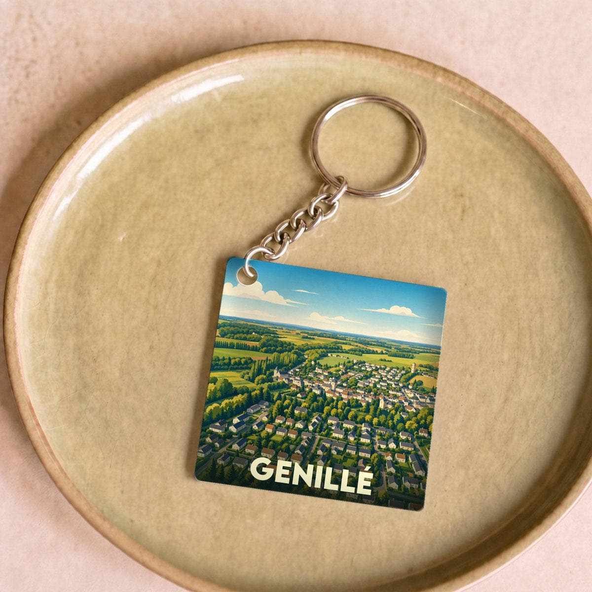 Porte-clés souvenir de la ville de Genillé avec une illustration stylisée vue du ciel.