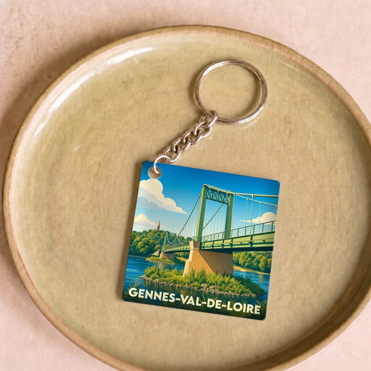 Porte-clés souvenir de la ville de Gennes-Val-de-Loire avec une illustration stylisée d'un pont suspendu.