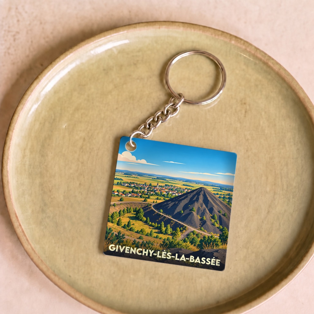 Porte-clés souvenir de la ville de Givenchy-lès-la-Bassée avec une illustration stylisée d'un terril et d'un village.