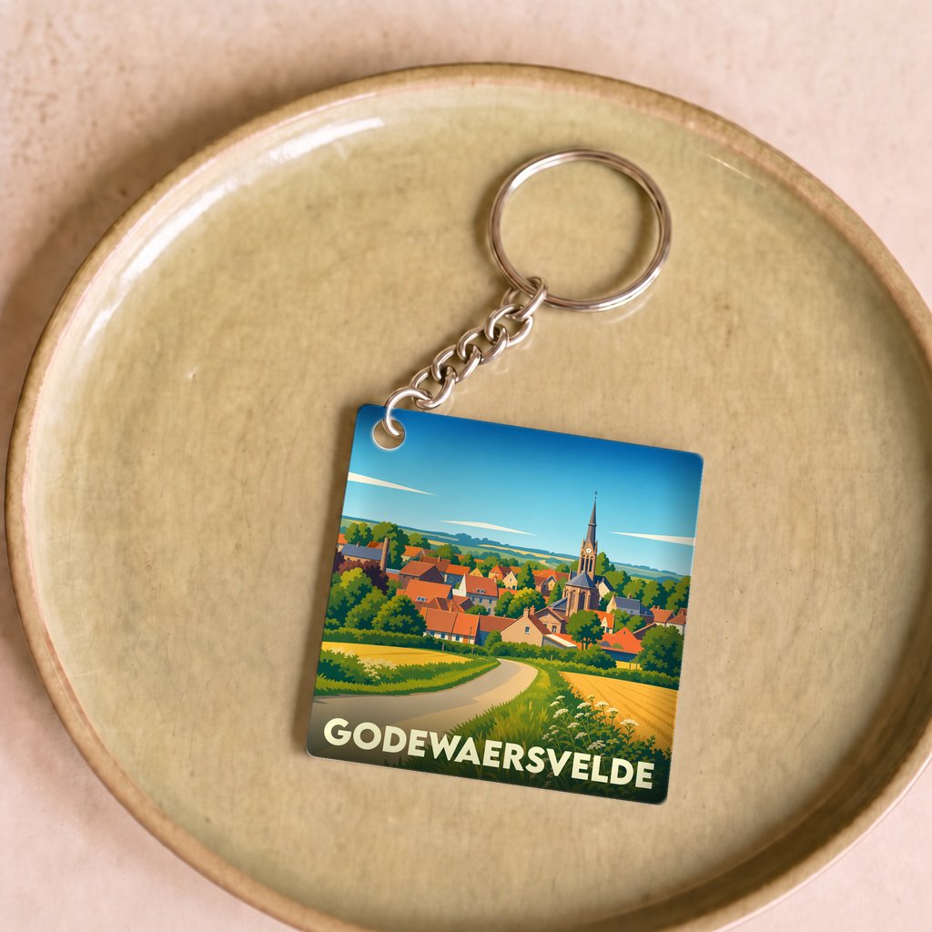 Porte-clés souvenir de la ville de Godewaersvelde avec une illustration stylisée de son paysage rural.