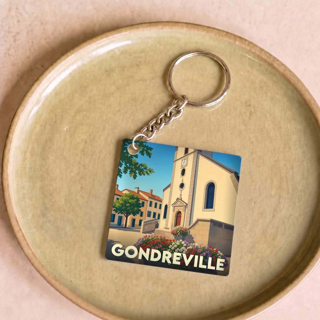 Porte-clés souvenir de la ville de Gondreville avec une illustration stylisée de son église.
