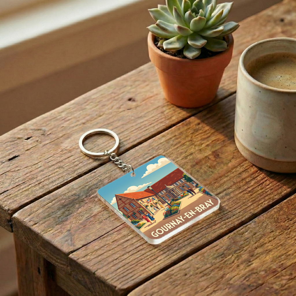 Porte-clés souvenir de la ville de Gournay-en-Bray avec une illustration stylisée.