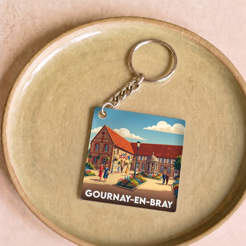 Porte-clés souvenir de la ville de Gournay-en-Bray avec une illustration stylisée.