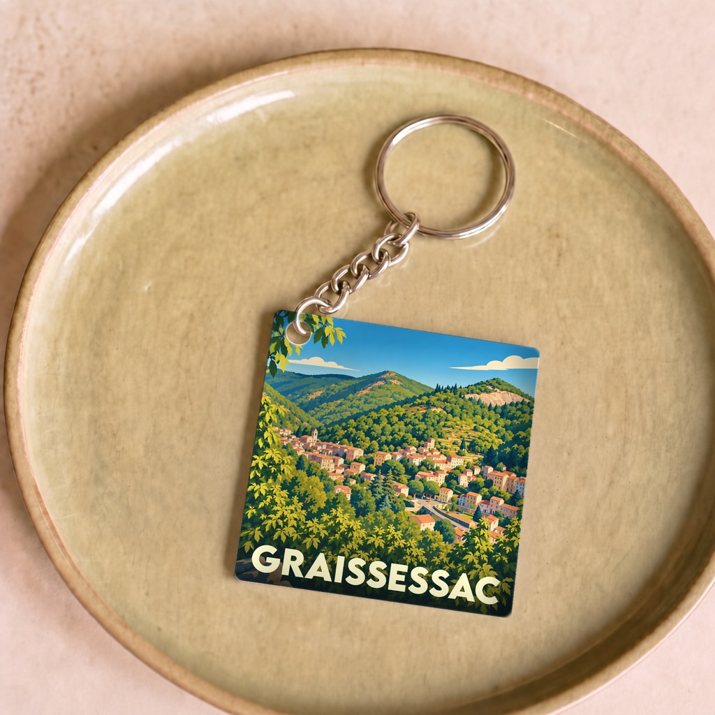 Porte-clés souvenir de la ville de Graissessac avec une illustration stylisée d'un village niché dans les montagnes.