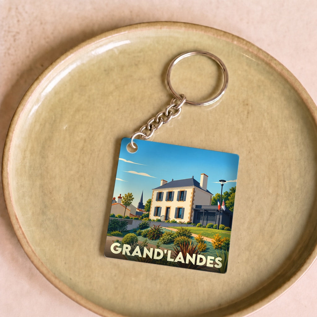 Porte-clés souvenir de la ville de Grand'Landes avec une illustration stylisée.