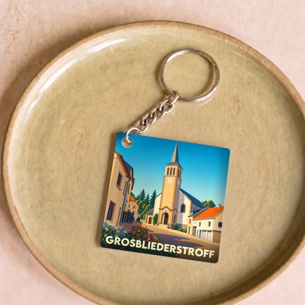 Porte-clés souvenir de la ville de Grosbliederstroff avec une illustration stylisée de son église et de ses maisons.