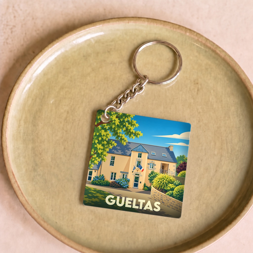 Porte-clés souvenir de la ville de Gueltas avec une illustration stylisée d'une maison traditionnelle.