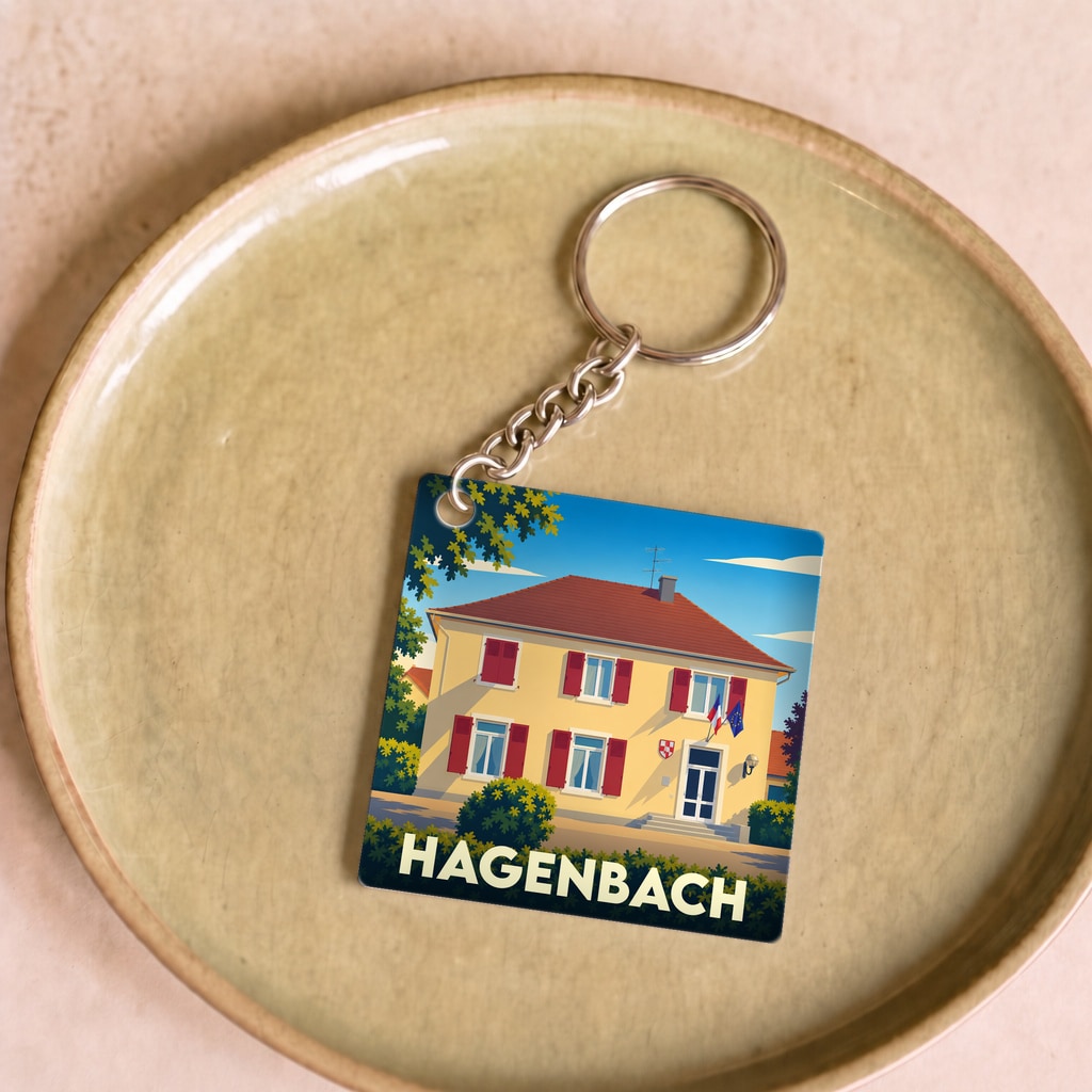 Porte-clés souvenir de la ville de Hagenbach avec une illustration stylisée de sa mairie.
