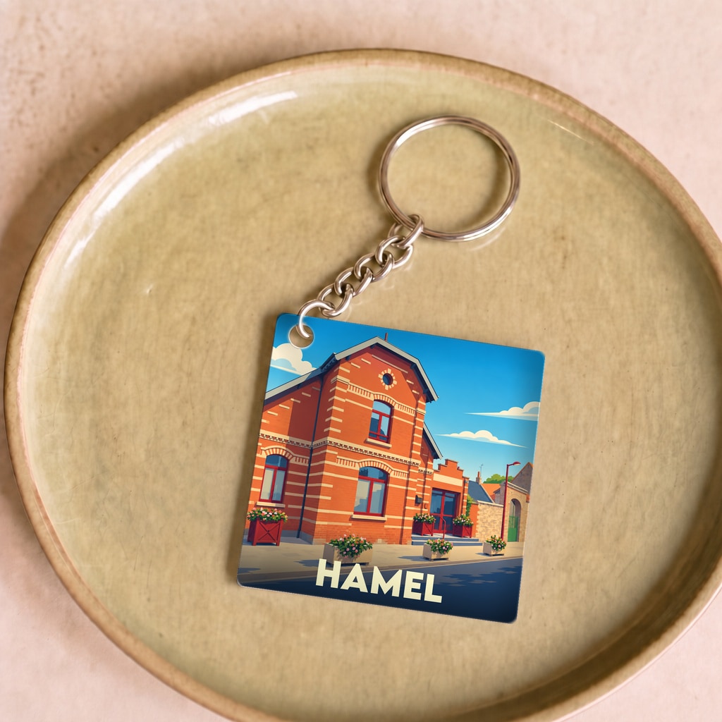 Porte-clés souvenir de la ville de Hamel avec une illustration stylisée d'un bâtiment en briques rouges.