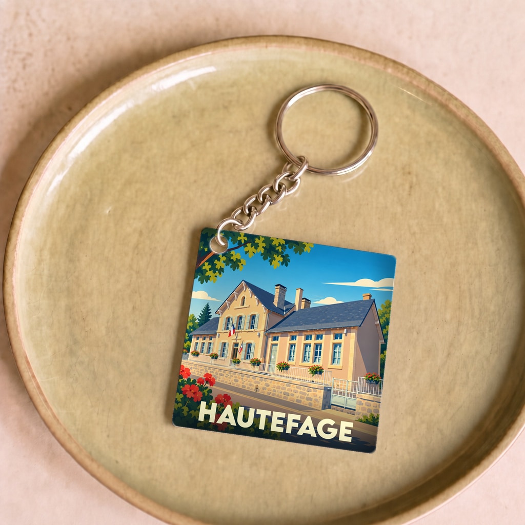 Porte-clés souvenir de la ville de Hautefage avec une illustration stylisée d'un bâtiment communal.