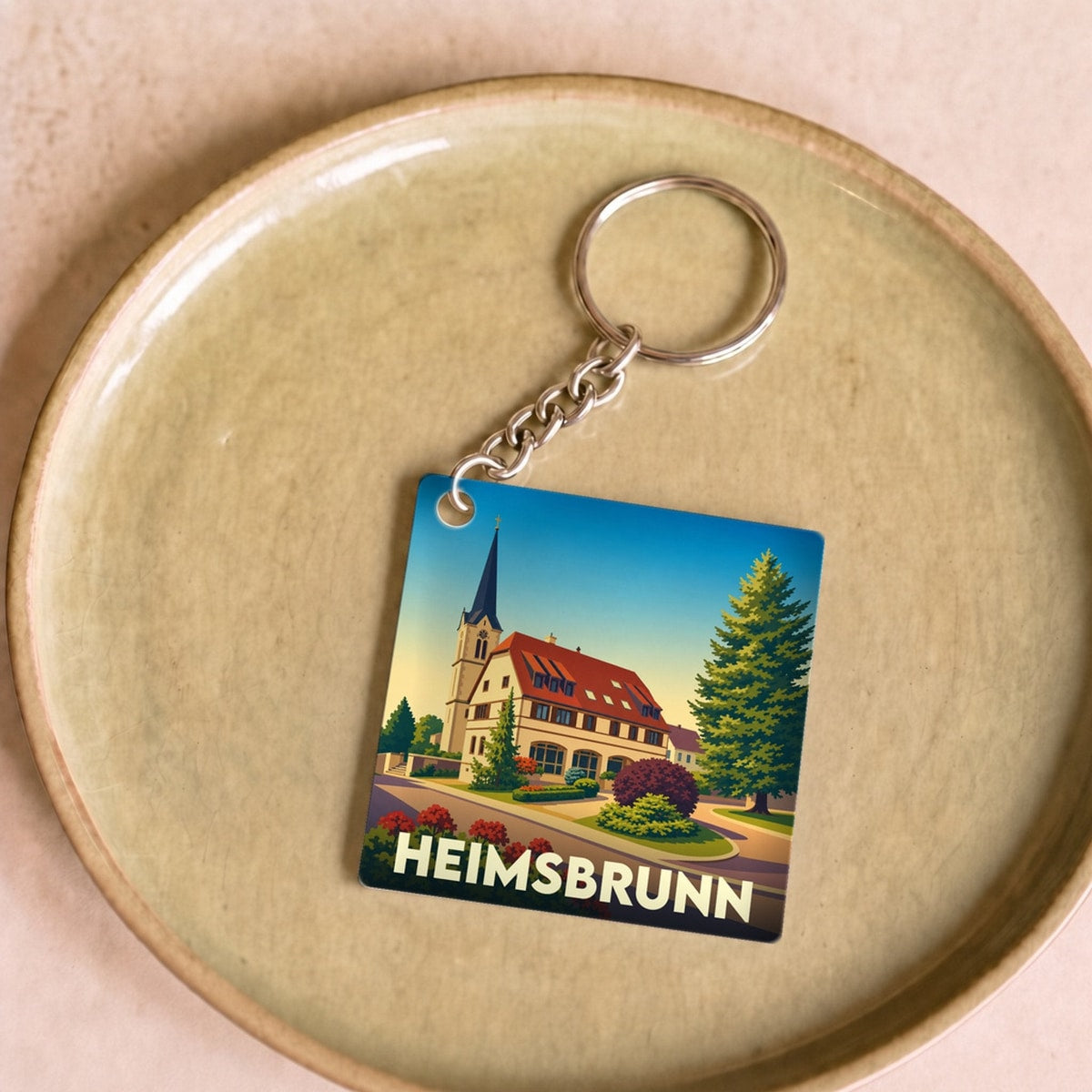 Porte-clés souvenir de la ville de Heimsbrunn avec une illustration stylisée.