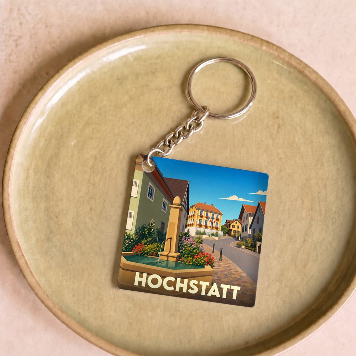 Porte-clés souvenir de la ville de Hochstatt avec une illustration stylisée d'une fontaine et de maisons colorées.