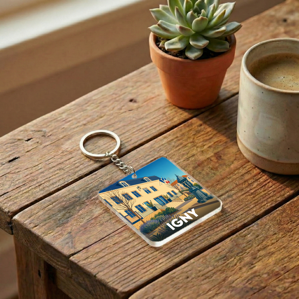 Porte-clés souvenir de la ville d'Igny avec une illustration stylisée de son hôtel de ville.