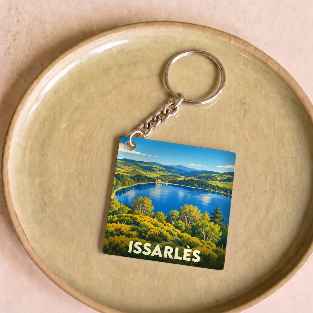 Porte-clés souvenir de la ville de Issarlès avec une illustration stylisée d'un lac de montagne.