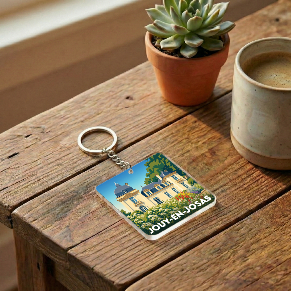 Porte-clés souvenir de la ville de Jouy-en-Josas avec une illustration stylisée de son patrimoine.