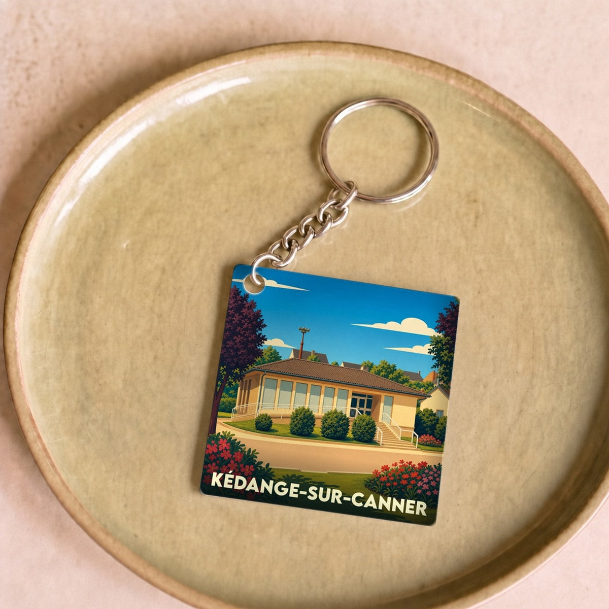 Porte-clés souvenir de la ville de Kédange-sur-Canner avec une illustration stylisée d'un bâtiment local.