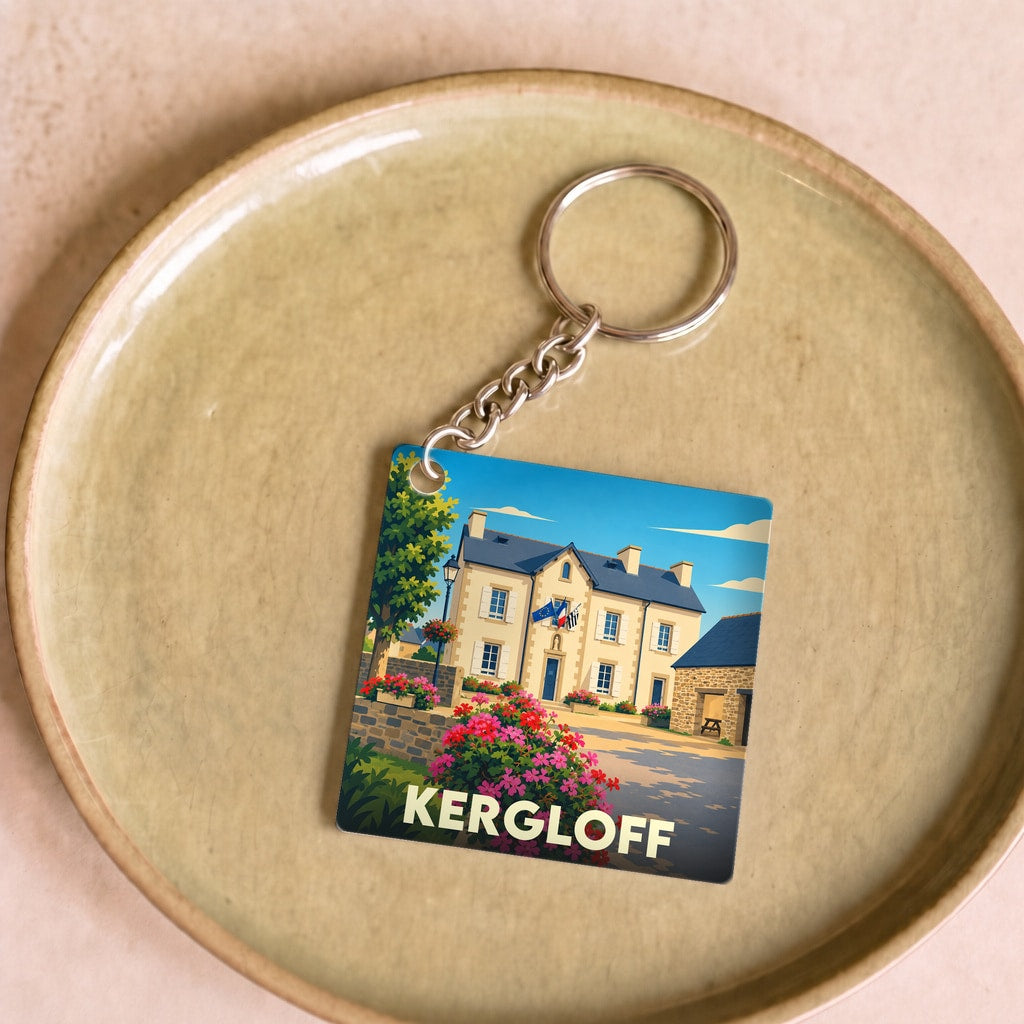 Porte-clés souvenir de la ville de Kergloff avec une illustration stylisée de la mairie.