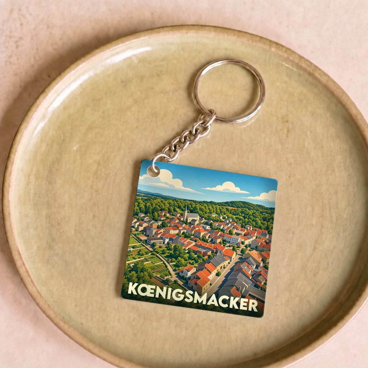 Porte-clés souvenir de la ville de Kœnigsmacker avec une illustration stylisée.