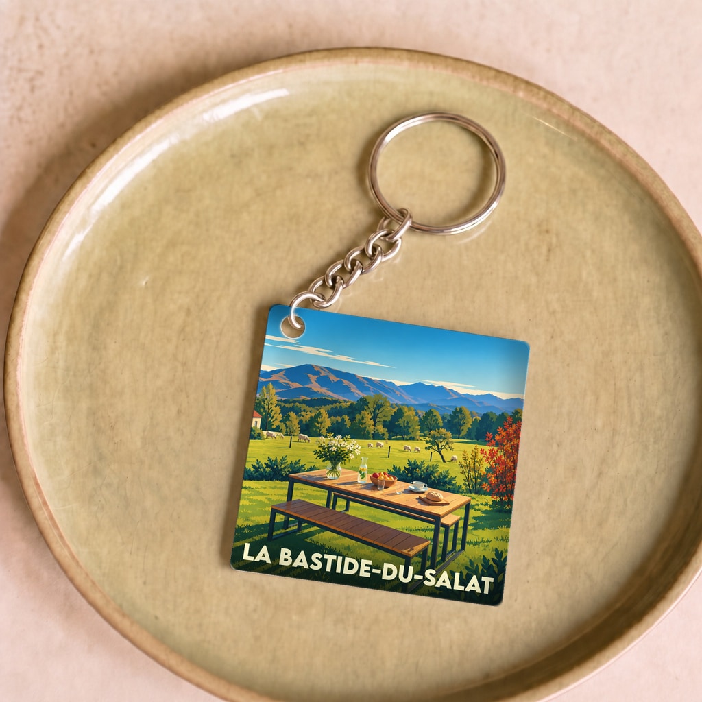 Porte-clés souvenir de la ville de La Bastide-du-Salat avec une illustration bucolique.