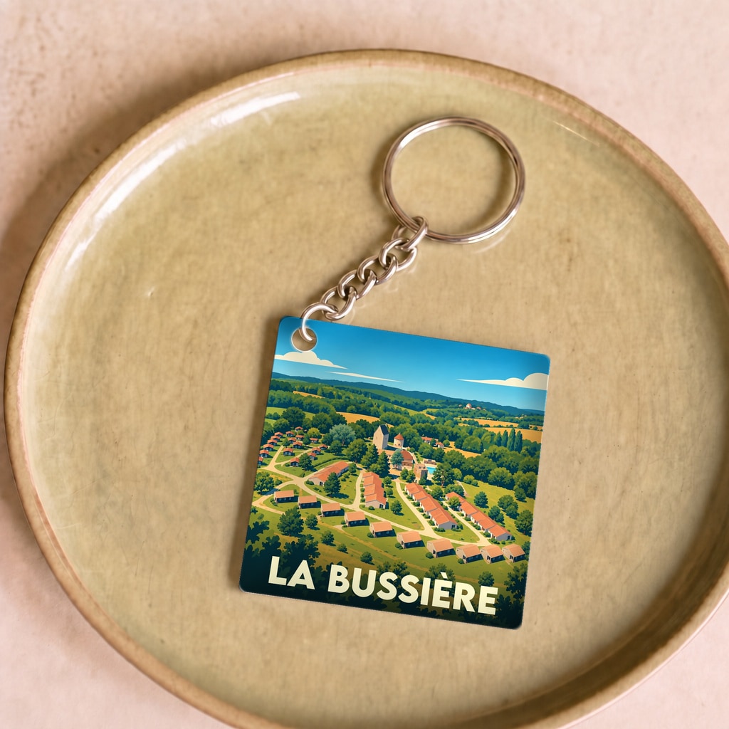 Porte-clés souvenir de la ville de La Bussière avec une illustration stylisée du village entouré de verdure.