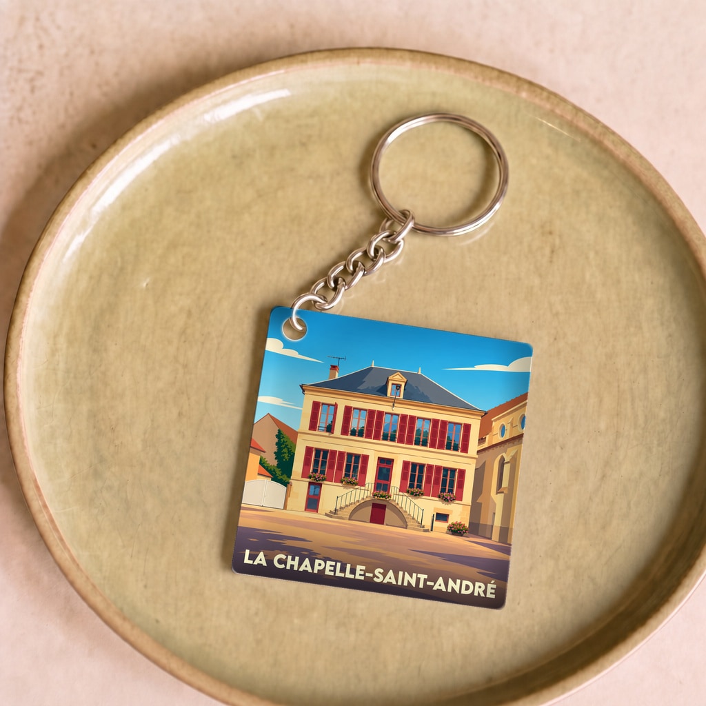 Porte-clés souvenir de la ville de La Chapelle-Saint-André avec une illustration stylisée d'un bâtiment historique.