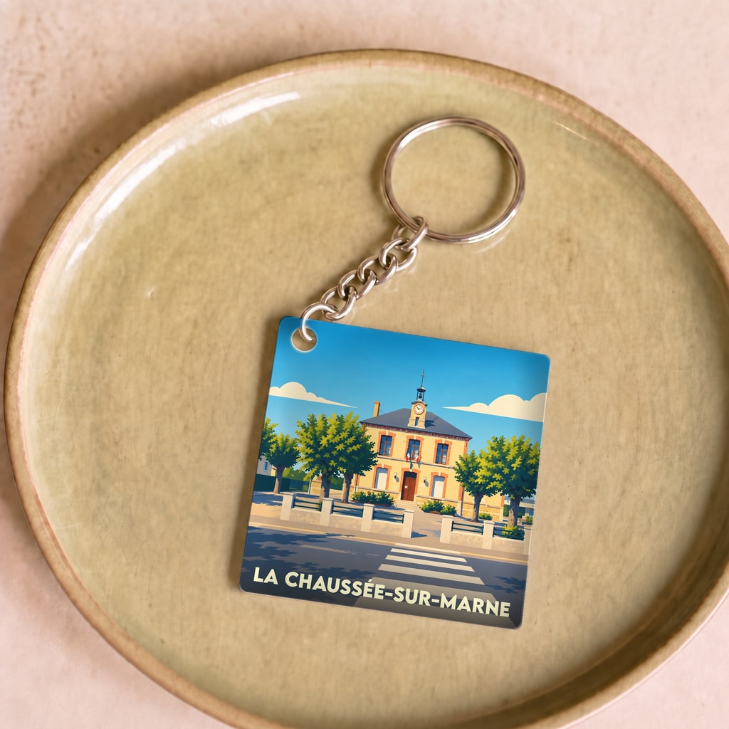 Porte-clés souvenir de la ville de La Chaussée-sur-Marne avec une illustration stylisée.