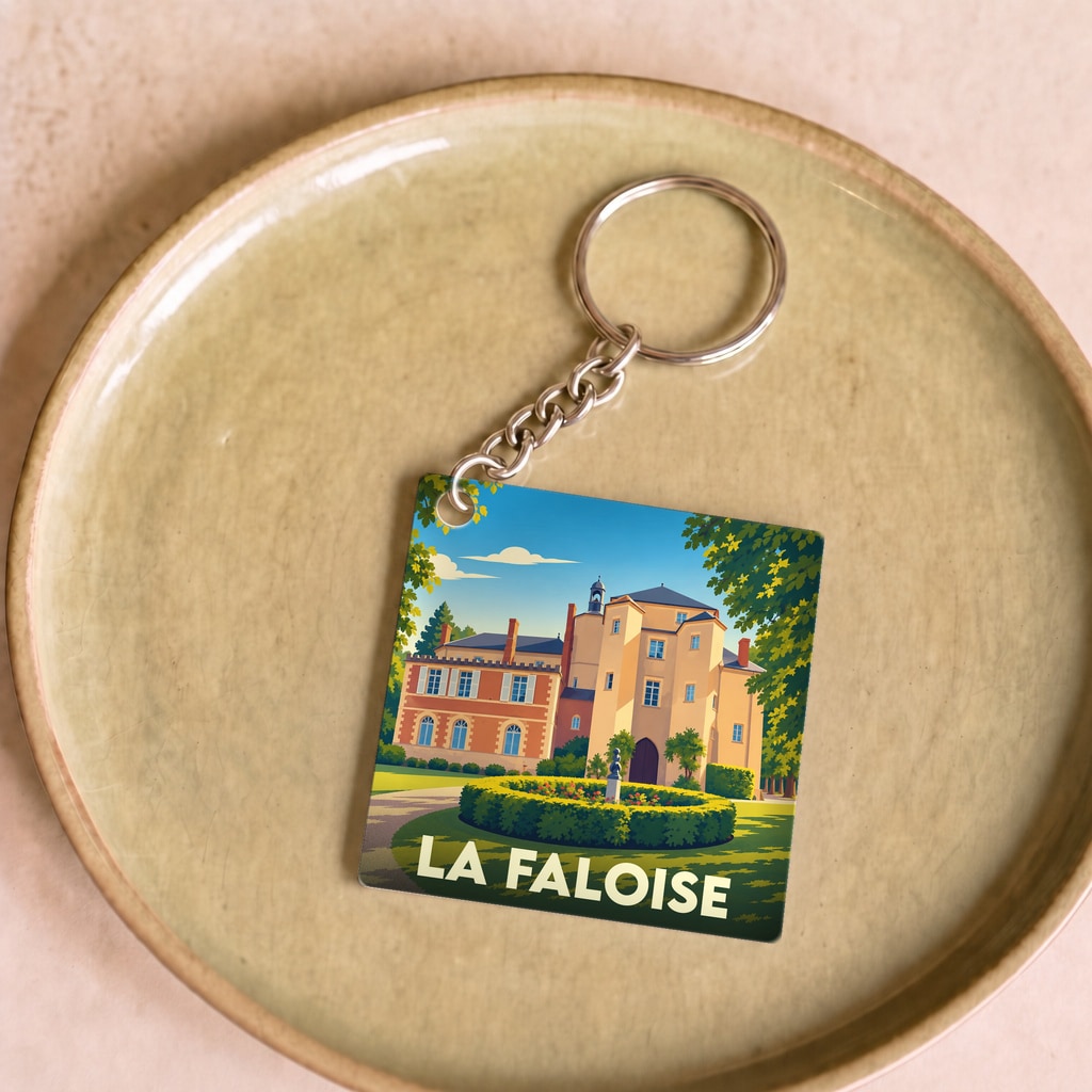 Porte-clés souvenir de la ville de La Faloise avec une illustration stylisée.
