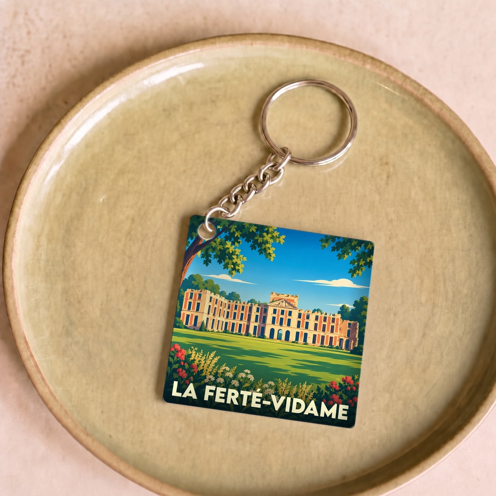 Porte-clés souvenir de la ville de La Ferté-Vidame avec une illustration stylisée de son château.