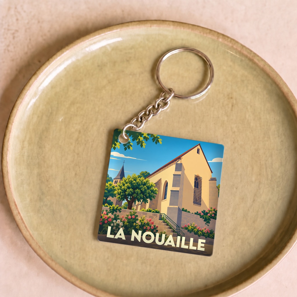 Porte-clés souvenir de la ville de La Nouaille avec une illustration stylisée de son église.
