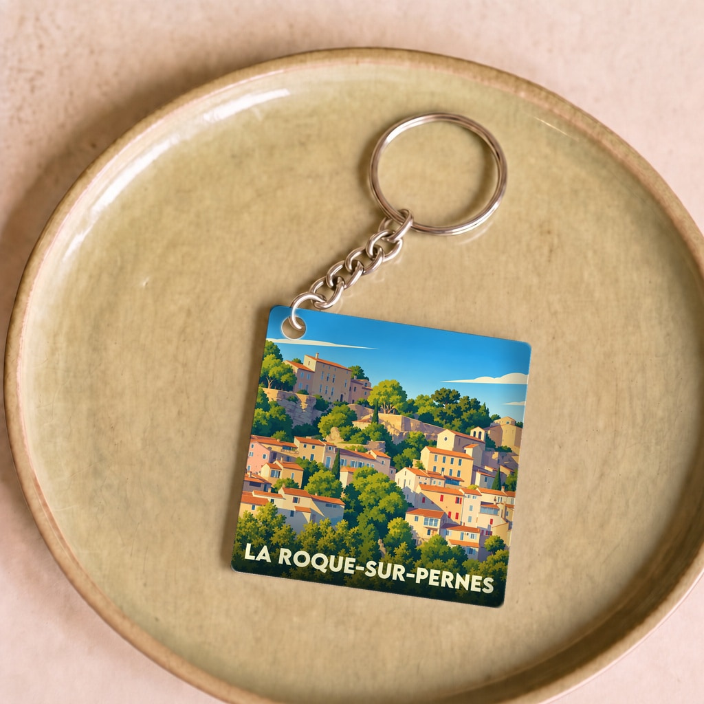 Porte-clés souvenir de la ville de La Roque-sur-Pernes avec une illustration colorée et stylisée.