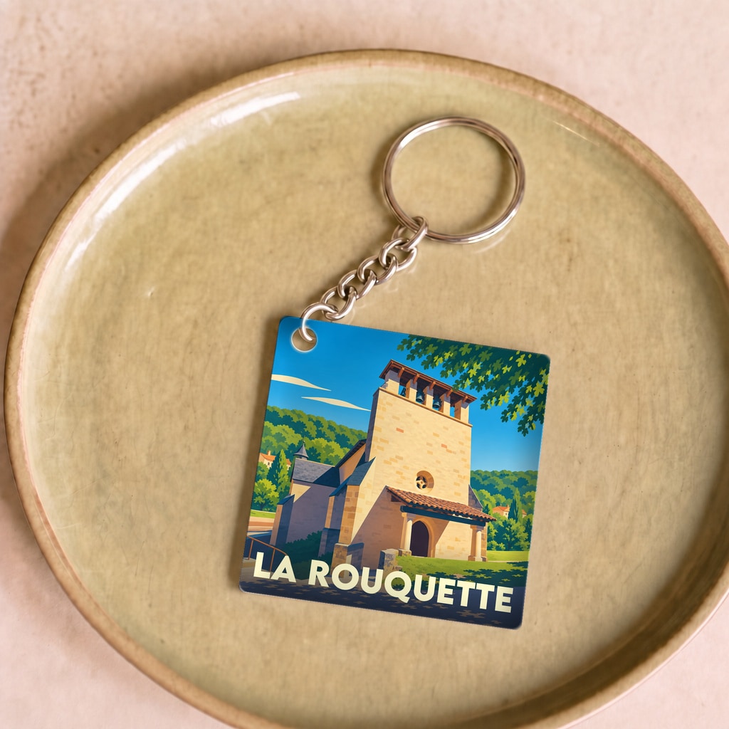 Porte-clés souvenir de la ville de La Rouquette avec une illustration stylisée de son église.