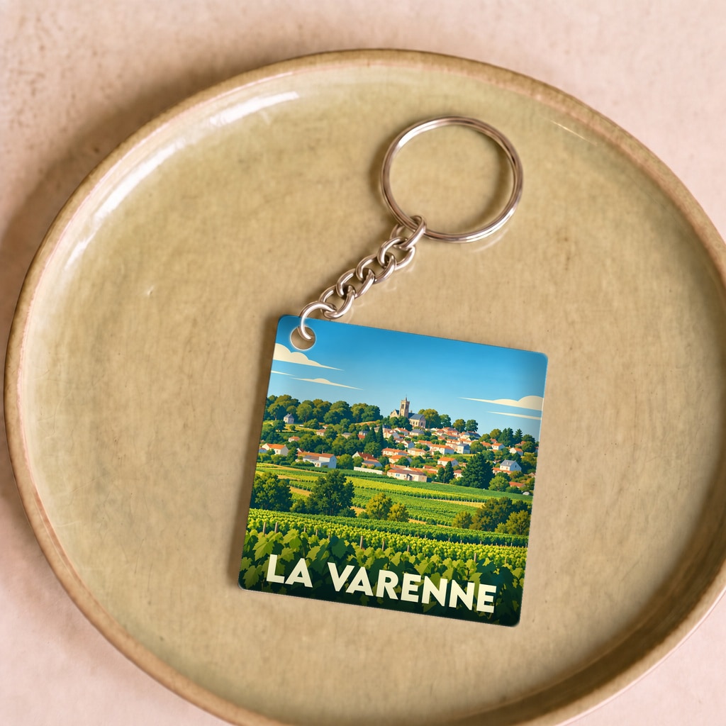 Porte-clés souvenir de la ville de La Varenne avec une illustration stylisée de ses vignobles et de son village.
