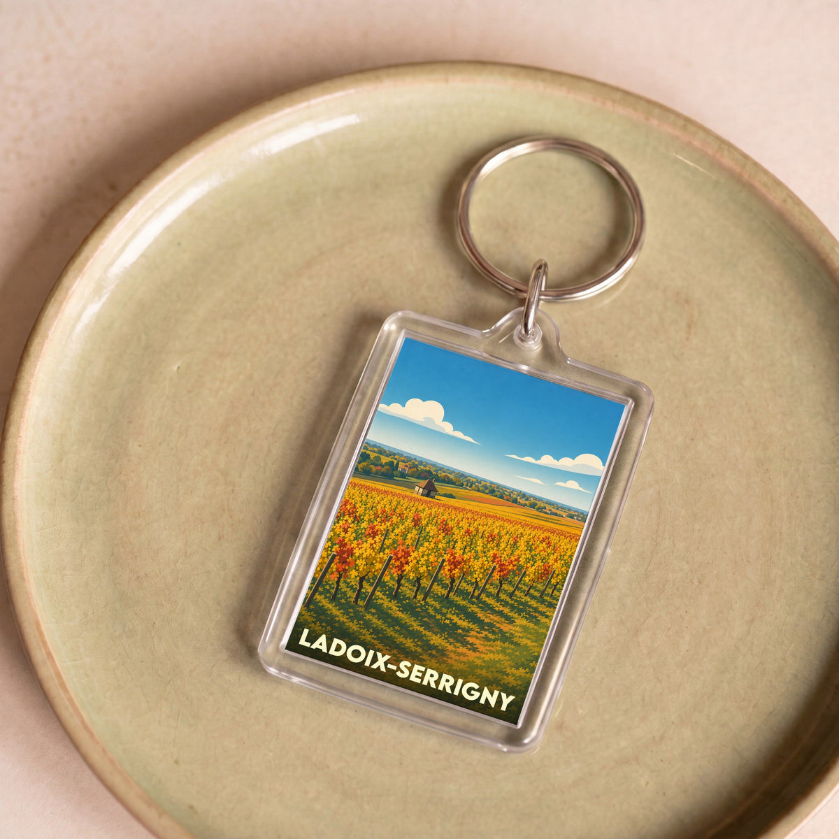 Porte-clés souvenir de la ville de Ladoix-Serrigny avec une illustration stylisée d'un vignoble.