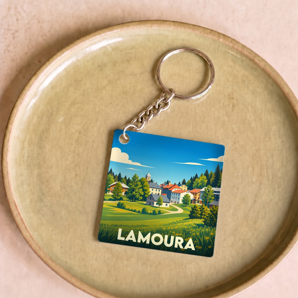 Porte-clés souvenir de la ville de Lamoura avec une illustration stylisée d'un village de montagne.