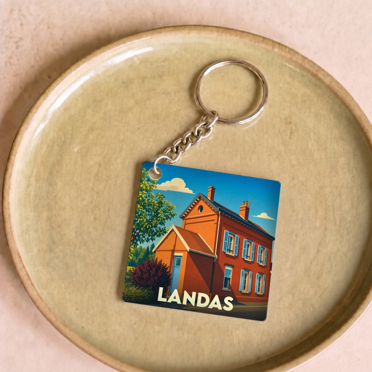 Porte-clés souvenir de la ville de Landas avec une illustration stylisée d'une maison traditionnelle.